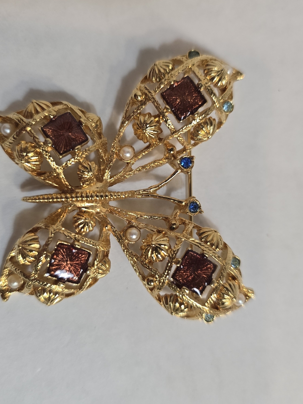 Gold Butterfly Brooch with Brown Stones, Pearls and Blue Accents